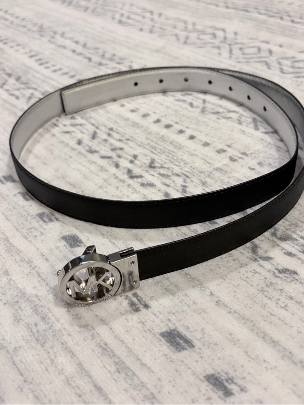 Michael Kors MK Logo Belt Black Silver Buckle Designer Minimalist Mobwife